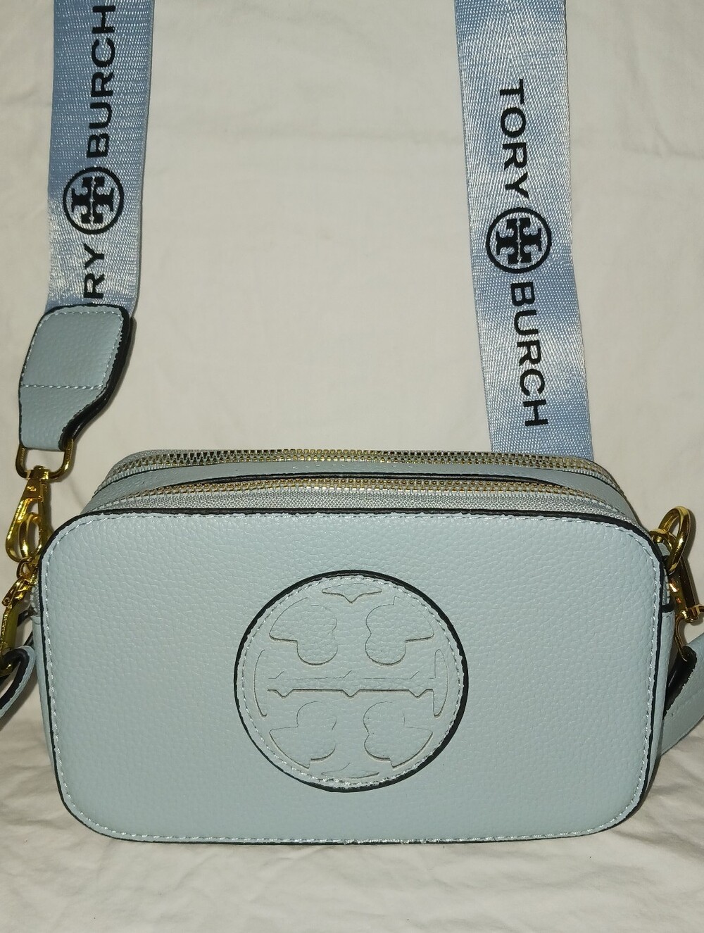 Tory Burch Light Blue Leather Camera Crossbody with Logo Strap